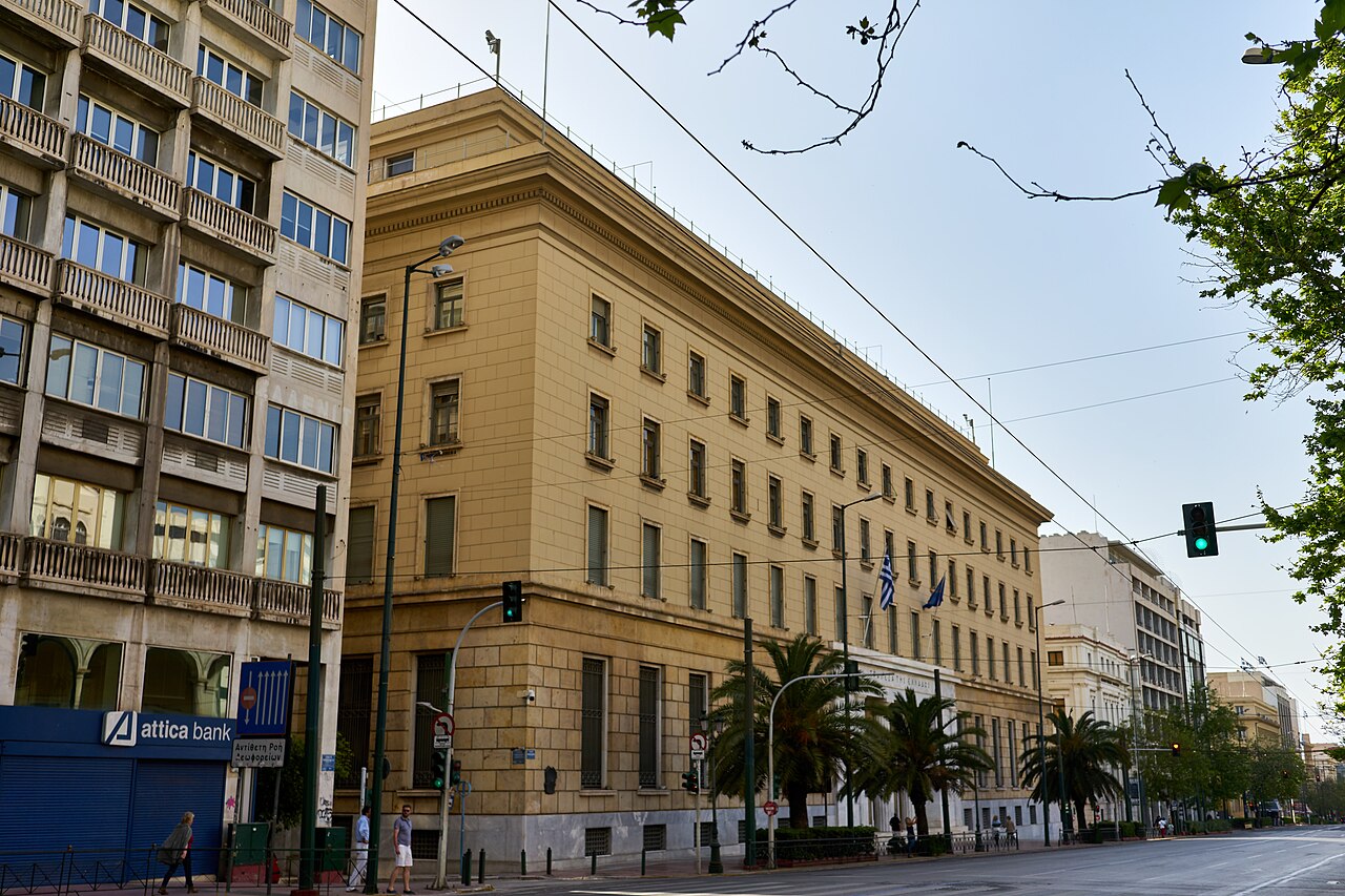 The neoclassical Bank of Greece building on Panepistimiou Street in Athens